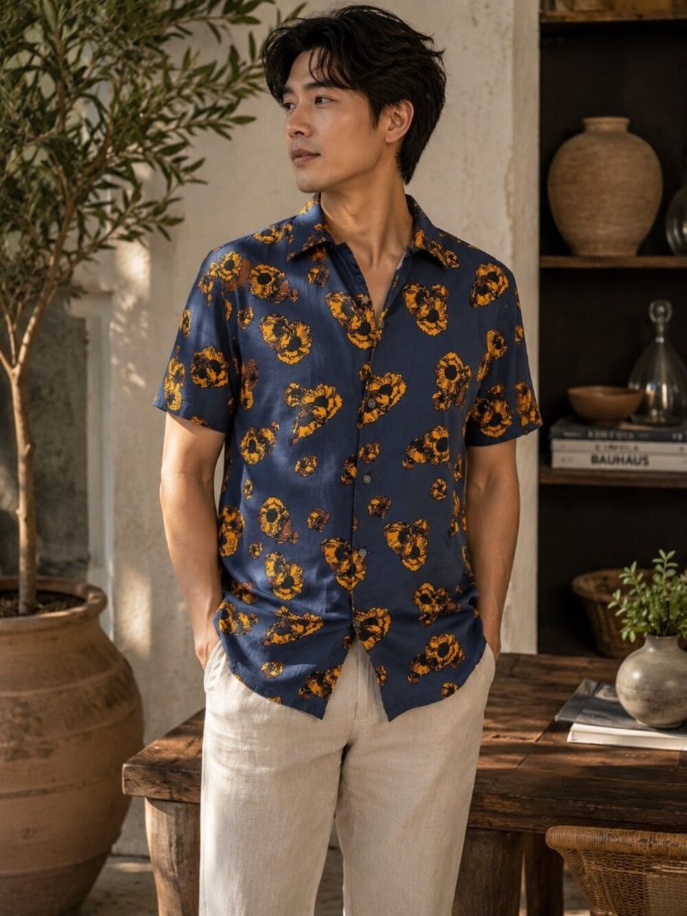 John Varvatos Blue Floral Camp Shirt Men’s Small Button Front Short Sleeve Cotto